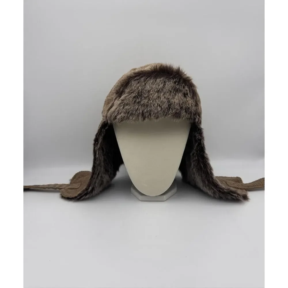 True Religion Trapper Hat Y2K Faux Fur Ear Flap Mens Brown Corduroy Winter Fall
